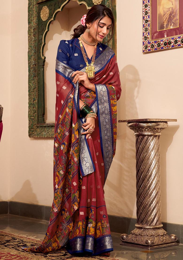 Maroon Kalamkari Print Poly Cotton Saree Set