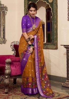 Mustard Yellow Kalamkari Print Poly Cotton Saree Set