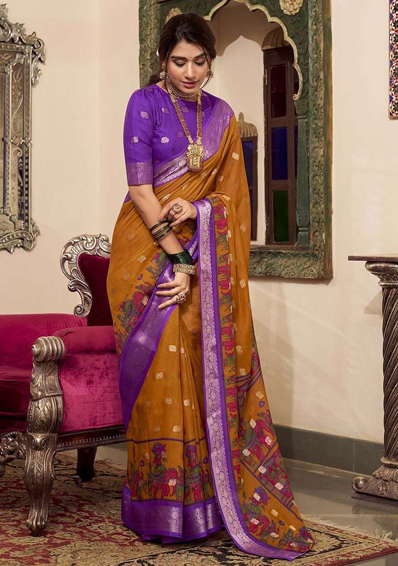 Mustard Yellow Kalamkari Print Poly Cotton Saree Set - Indya