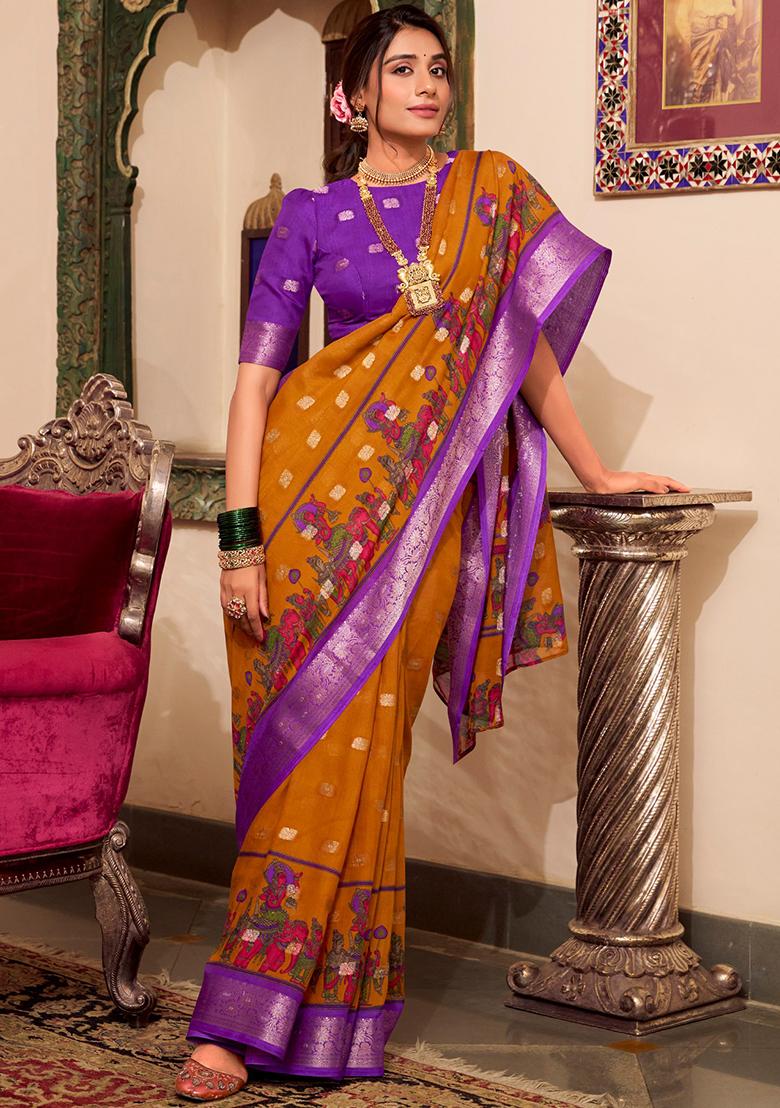 Mustard Yellow Kalamkari Print Poly Cotton Saree Set