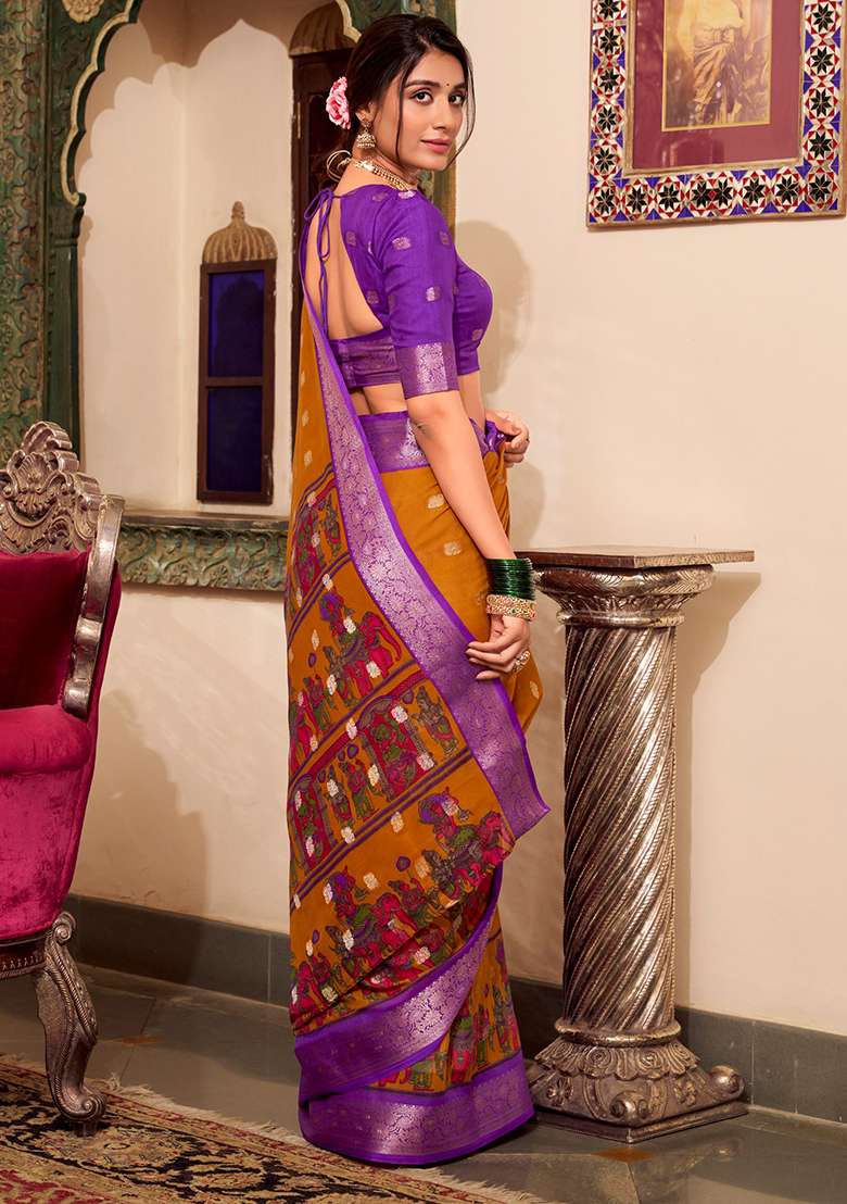 Mustard Yellow Kalamkari Print Poly Cotton Saree Set - Indya