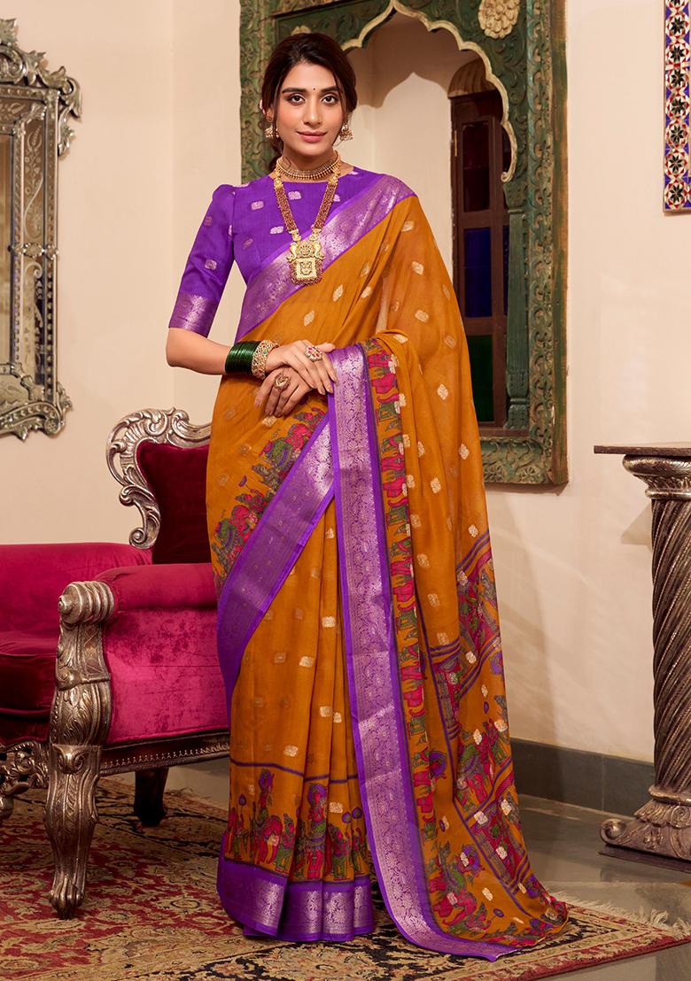 Mustard Yellow Kalamkari Print Poly Cotton Saree Set