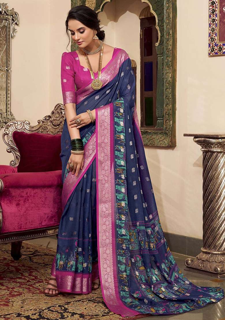 Navy Blue Kalamkari Print Poly Cotton Saree Set - Indya