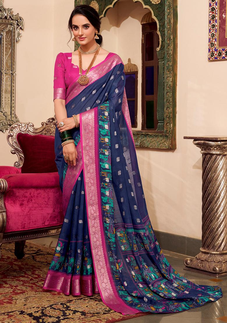 Navy Blue Kalamkari Print Poly Cotton Saree Set