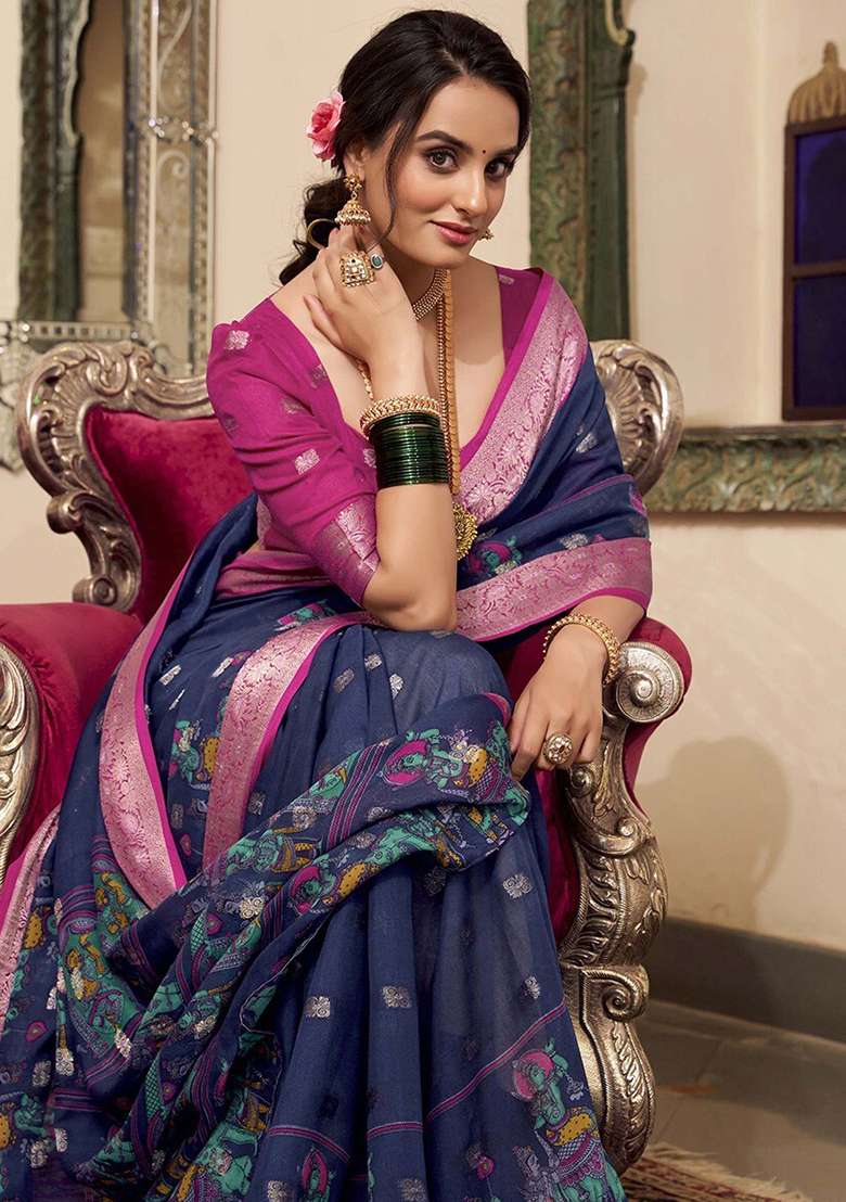 Navy Blue Kalamkari Print Poly Cotton Saree Set - Indya