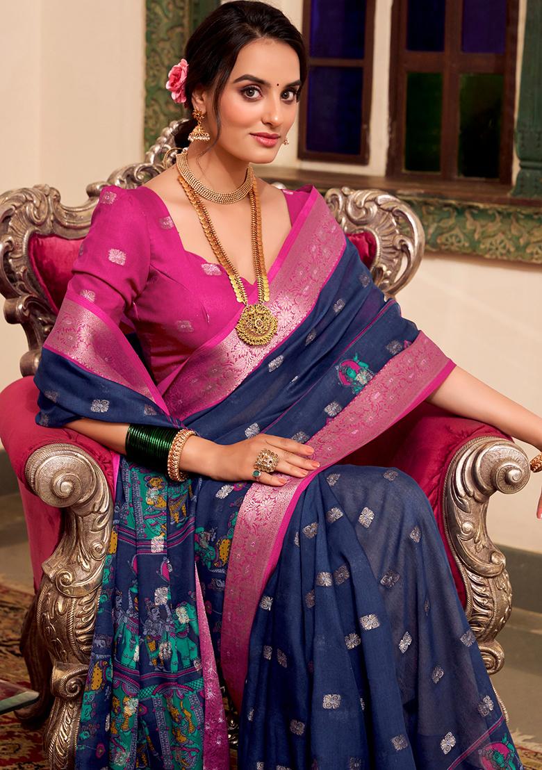 Navy Blue Kalamkari Print Poly Cotton Saree Set