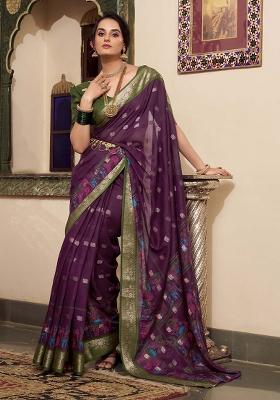 Wine Kalamkari Print Poly Cotton Saree Set