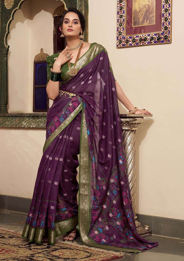 Wine Kalamkari Print Poly Cotton Saree Set - Indya