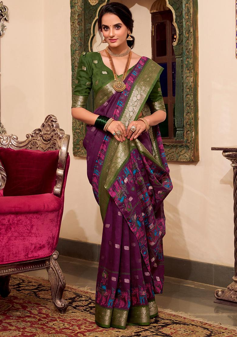 Wine Kalamkari Print Poly Cotton Saree Set