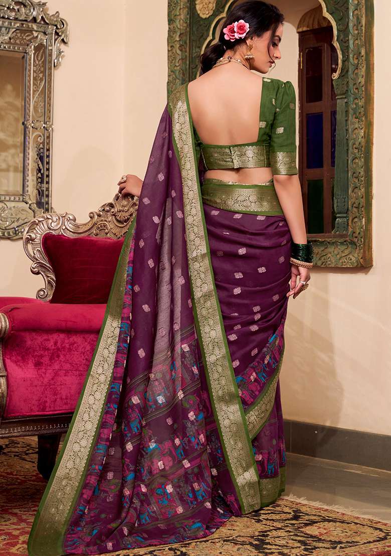 Wine Kalamkari Print Poly Cotton Saree Set - Indya