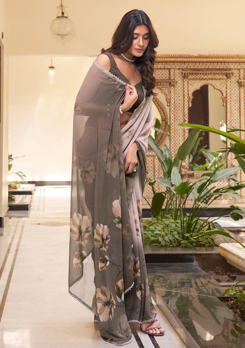 Chiku Brown Printed Poly Blend Saree Set