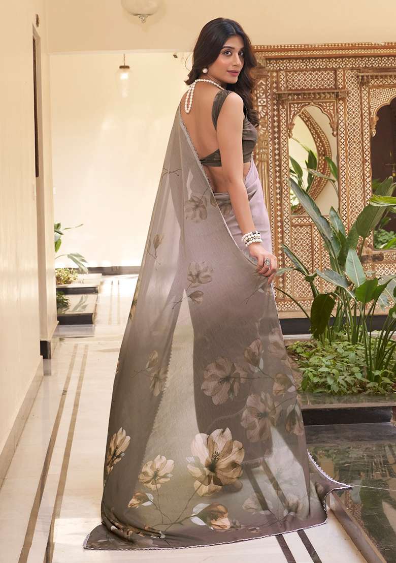Chiku Brown Printed Poly Blend Saree Set - Indya