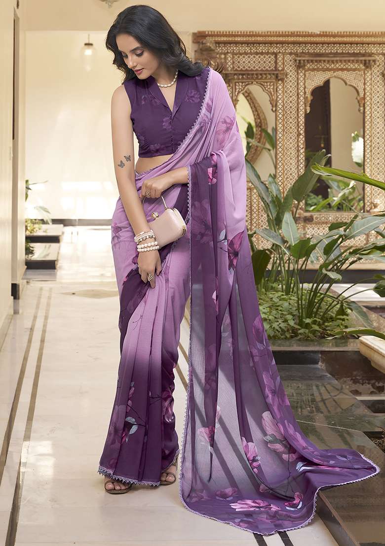 Lavender Printed Poly Blend Saree Set - Indya