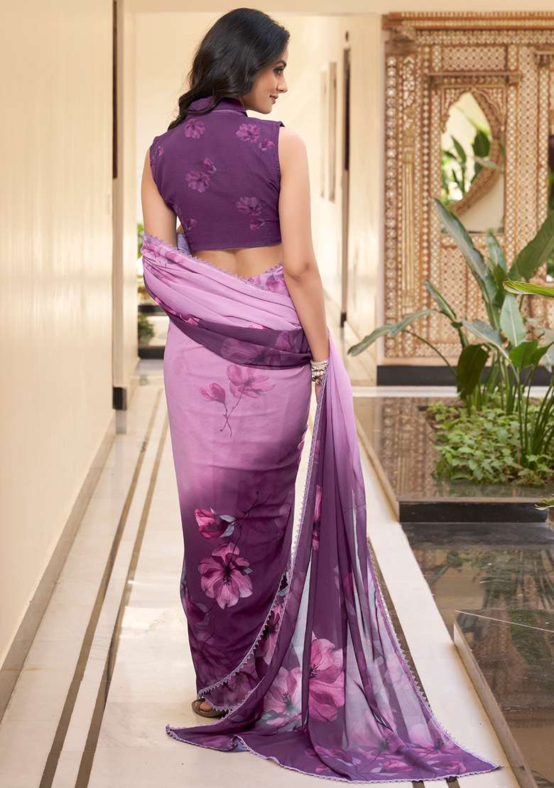 Lavender Printed Poly Blend Saree Set - Indya