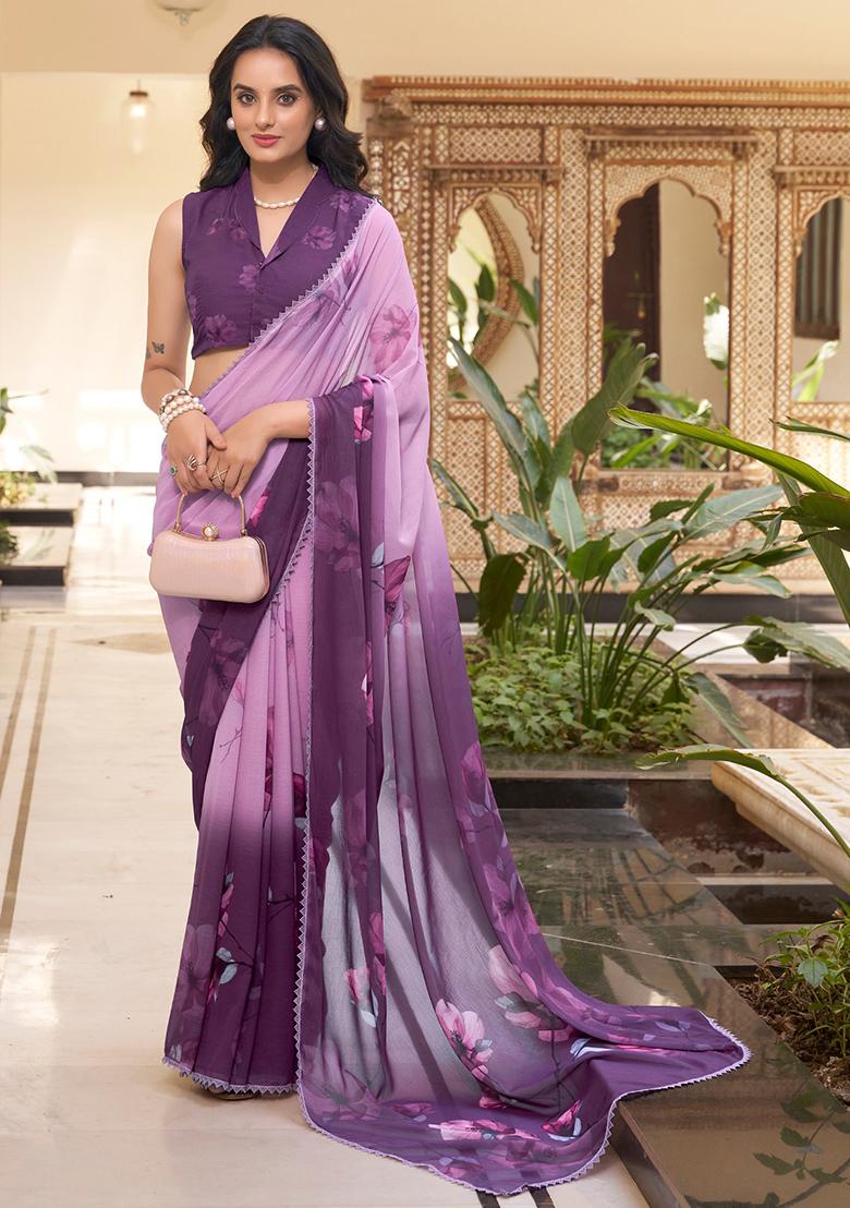 Lavender Printed Poly Blend Saree Set