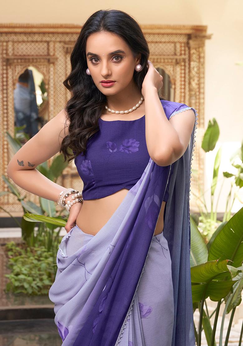 Purple Printed Poly Blend Saree Set