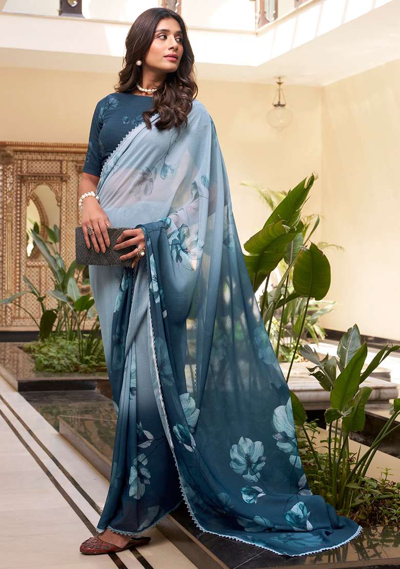 Rama Green Printed Poly Blend Saree Set - Indya