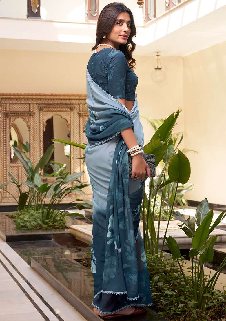 Rama Green Printed Poly Blend Saree Set - Indya