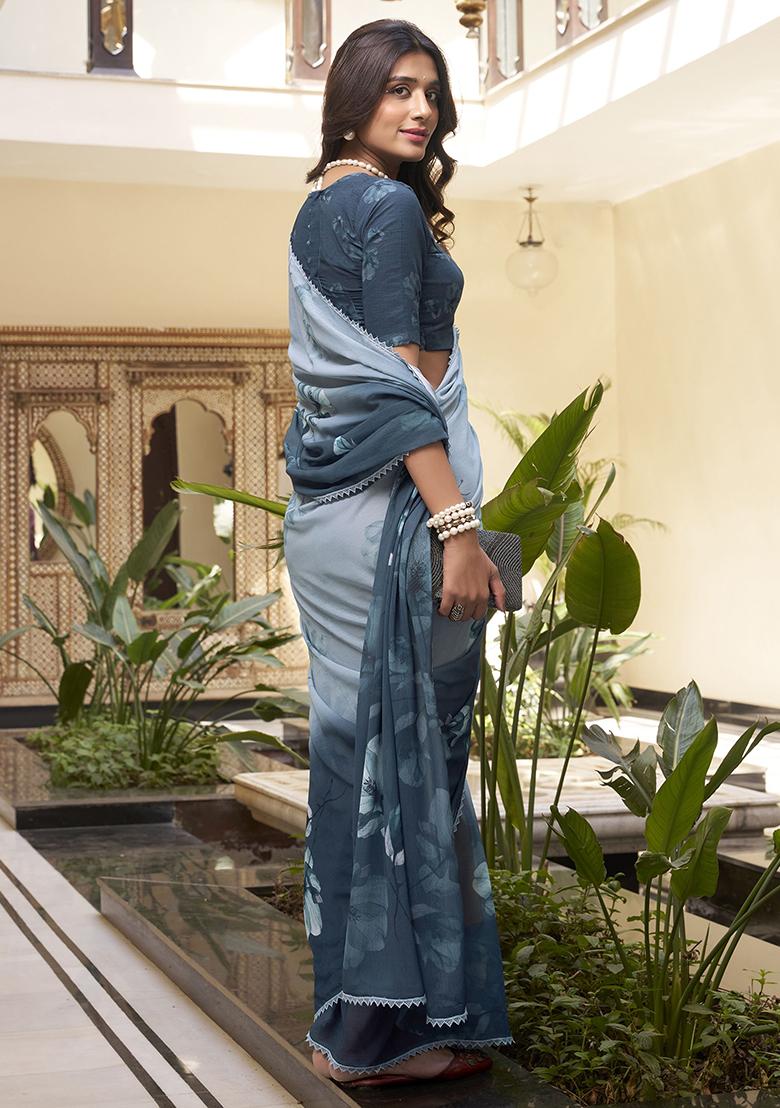 Rama Green Printed Poly Blend Saree Set