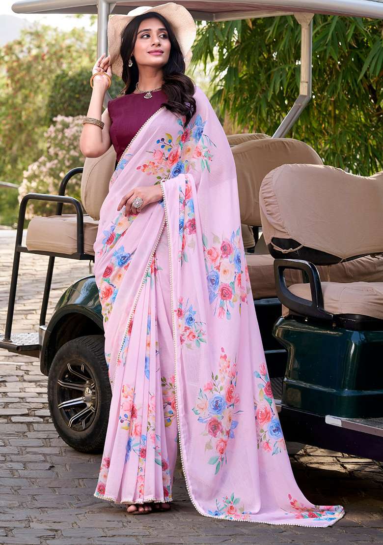 Baby Pink Printed Poly Blend Saree Set - Indya
