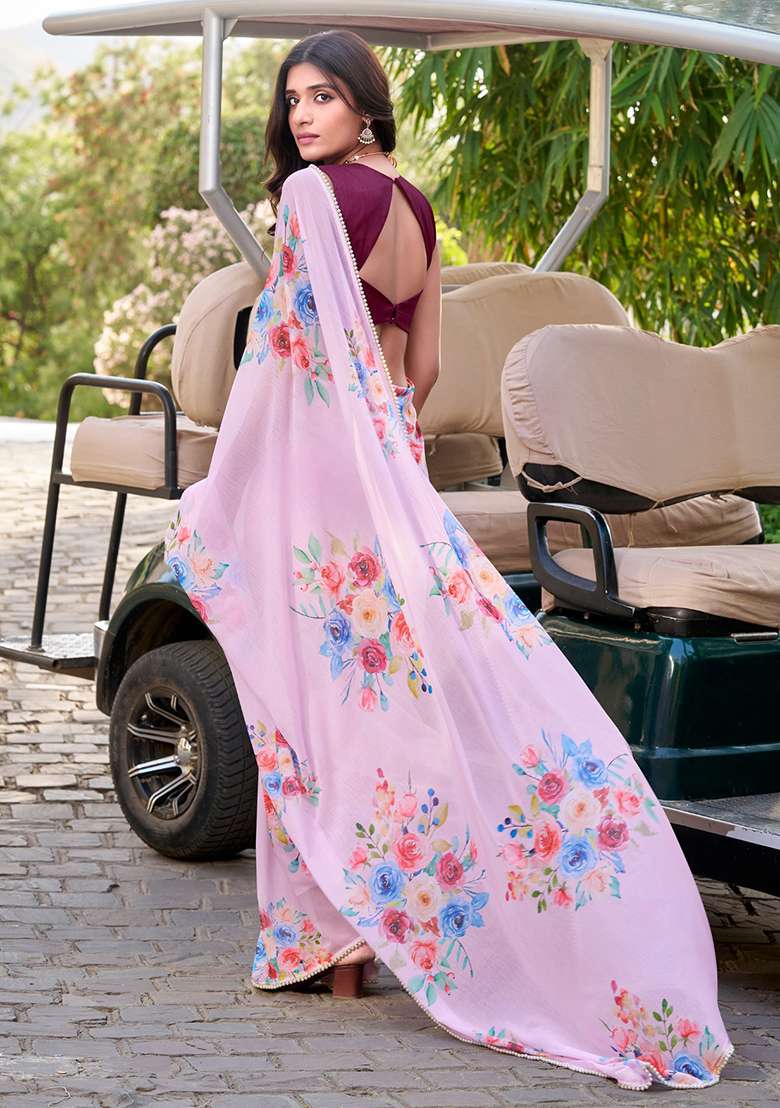 Baby Pink Printed Poly Blend Saree Set - Indya
