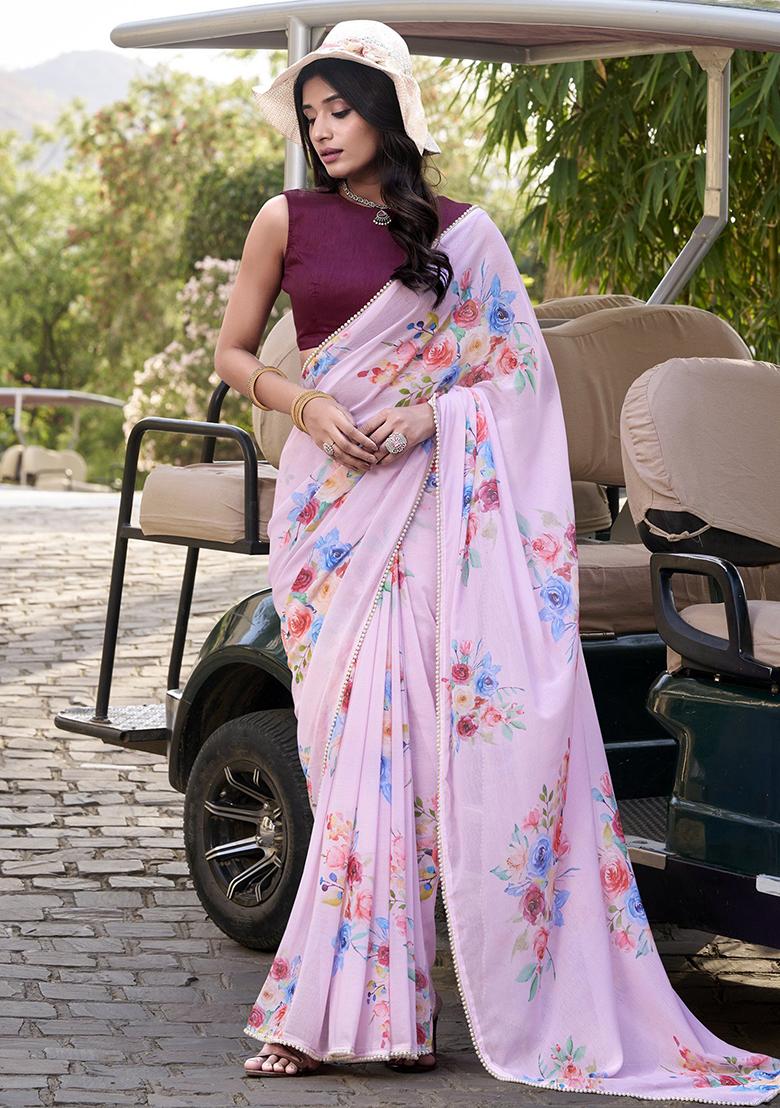 Baby Pink Printed Poly Blend Saree Set