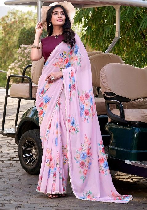 Baby Pink Printed Poly Blend Saree Set