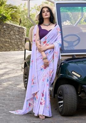 Lavender Printed Poly Blend Saree Set