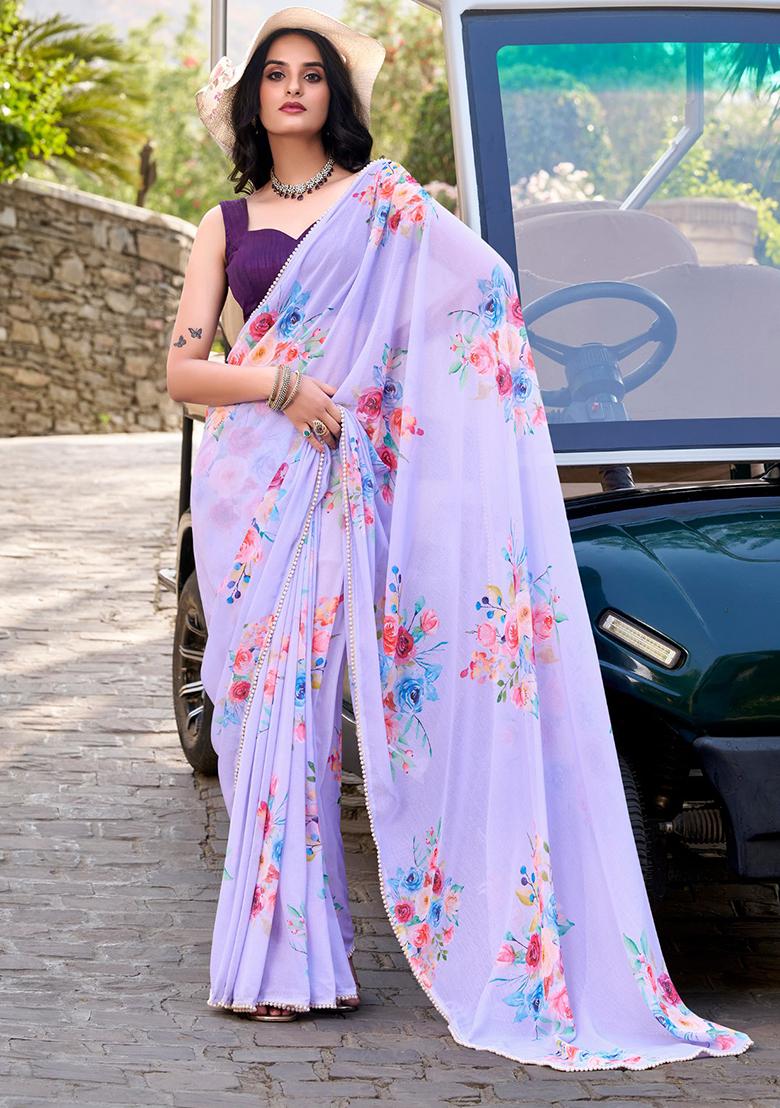 Lavender Printed Poly Blend Saree Set