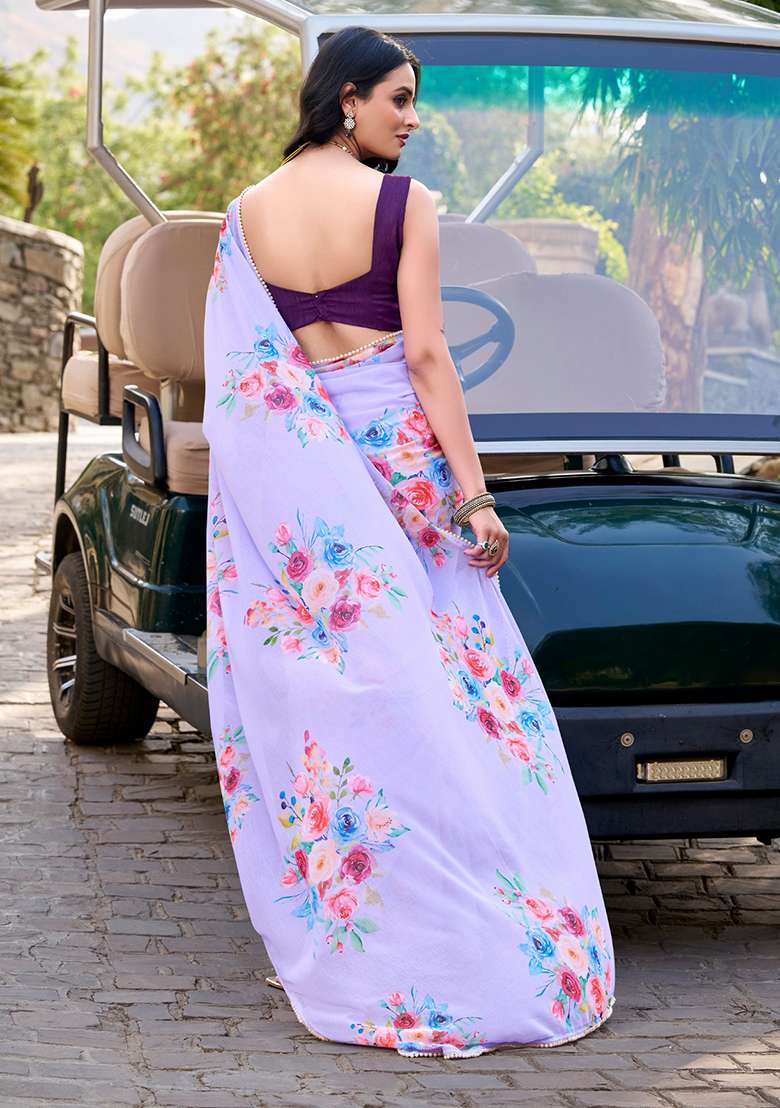 Lavender Printed Poly Blend Saree Set - Indya