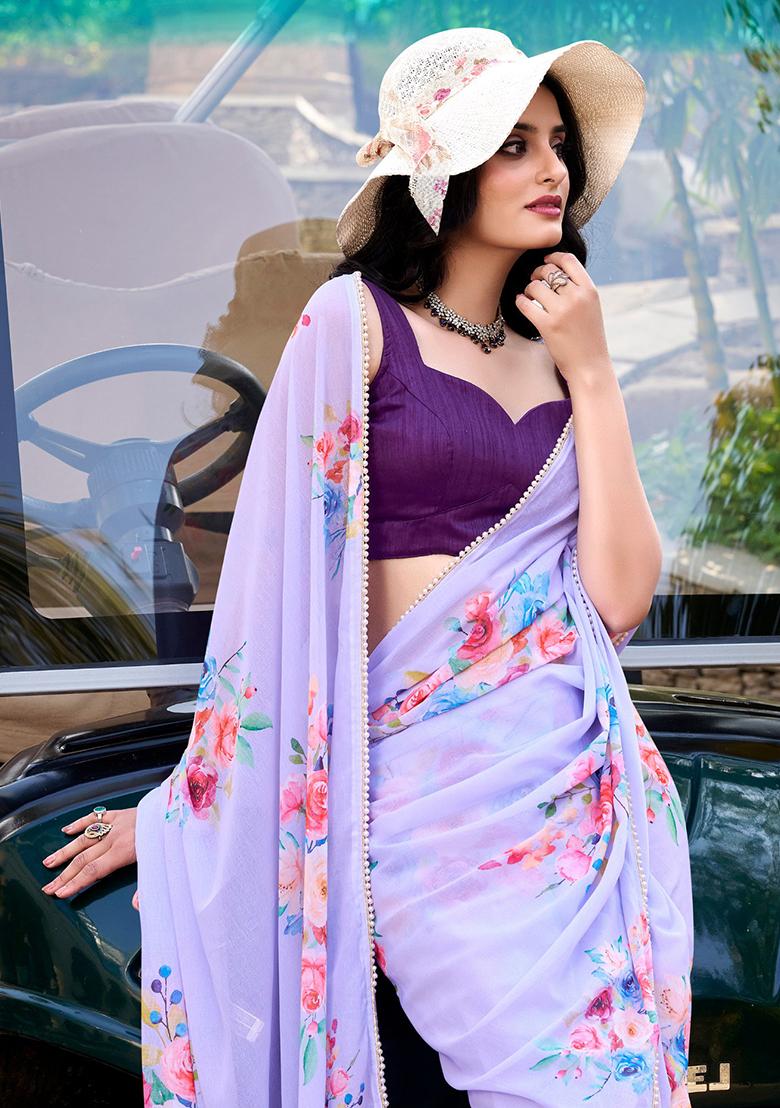 Lavender Printed Poly Blend Saree Set