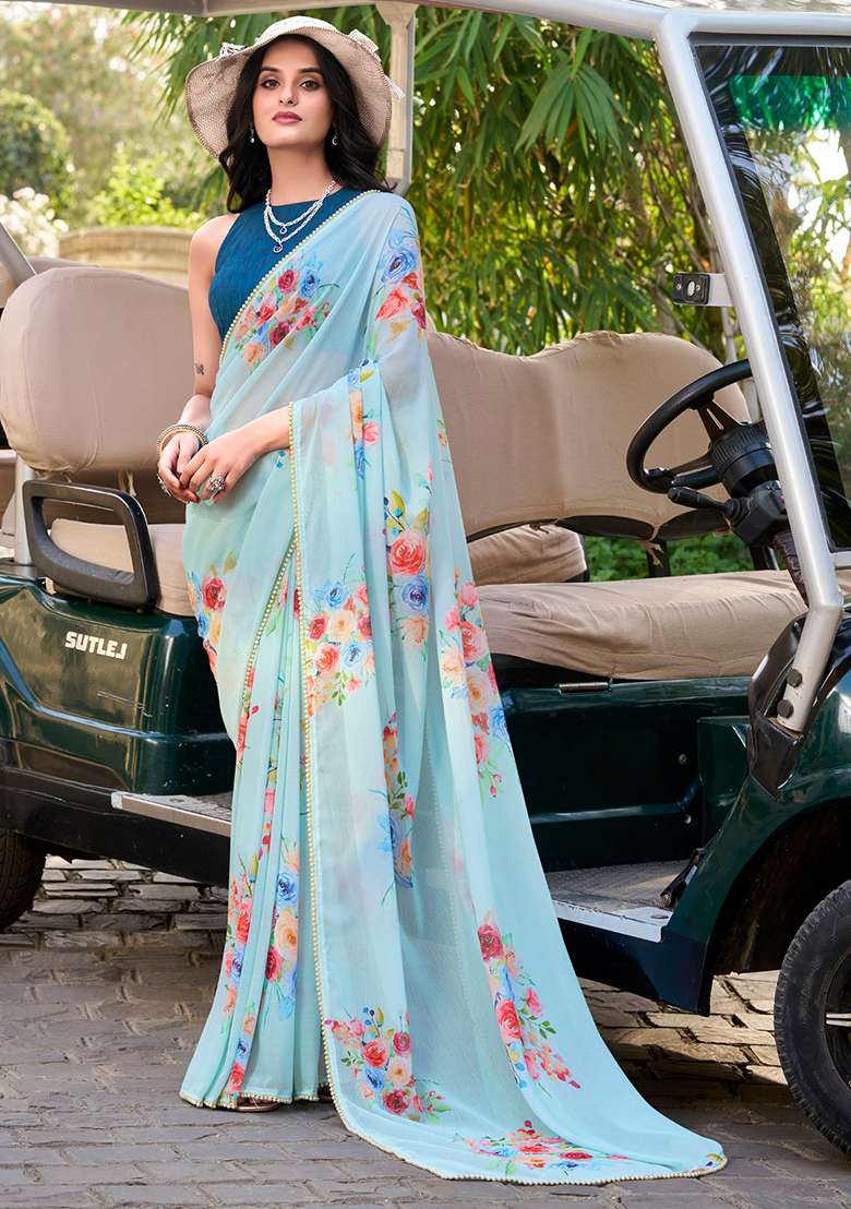 Sea Blue Printed Poly Blend Saree Set - Indya