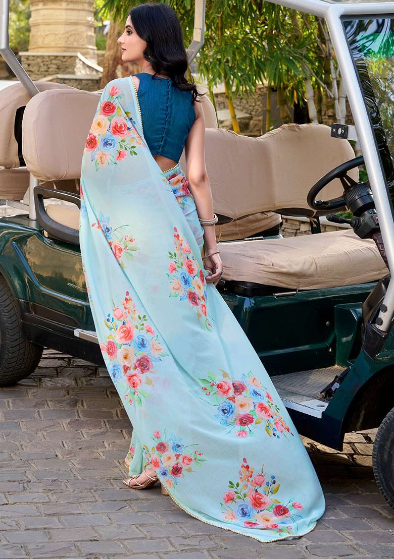 Sea Blue Printed Poly Blend Saree Set - Indya