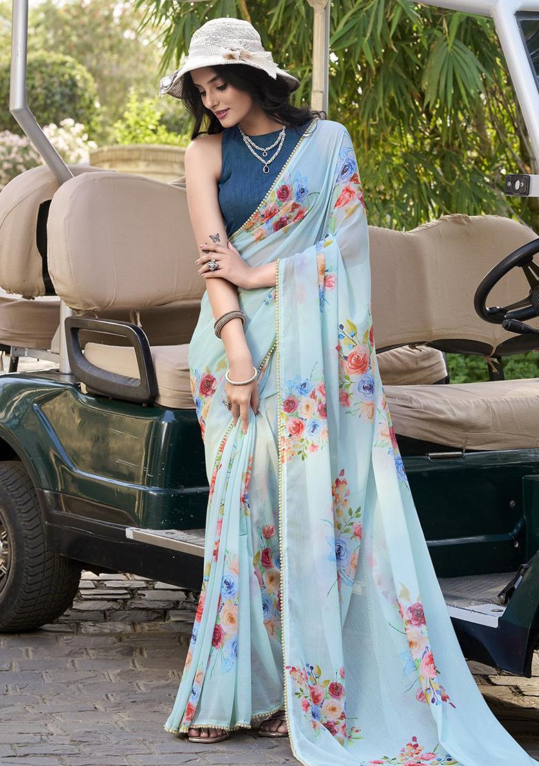 Sea Blue Printed Poly Blend Saree Set