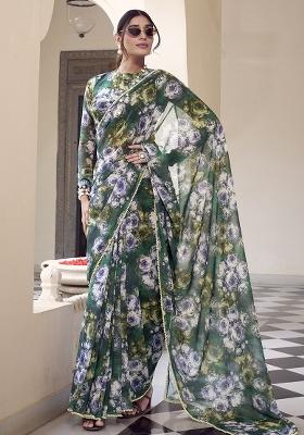 Green Printed Poly Blend Saree Set