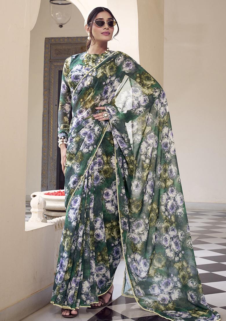 Green Printed Poly Blend Saree Set