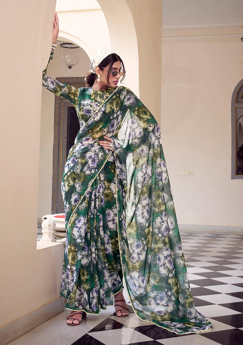 Green Printed Poly Blend Saree Set