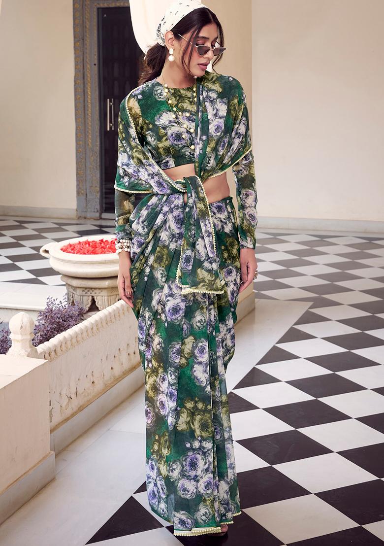 Green Printed Poly Blend Saree Set