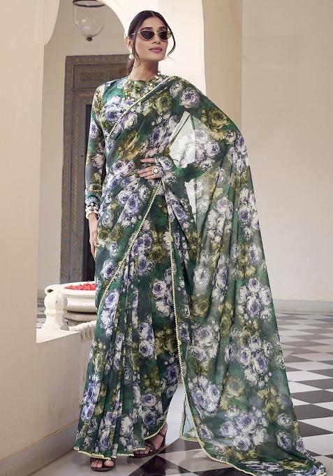 Green Printed Poly Blend Saree Set