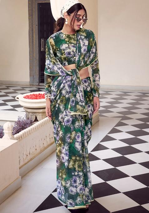 Green Printed Poly Blend Saree Set