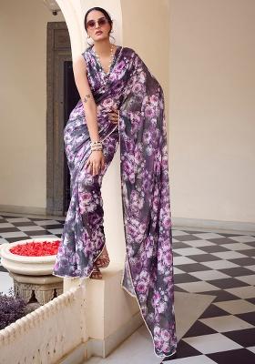 Grey Printed Poly Blend Saree Set