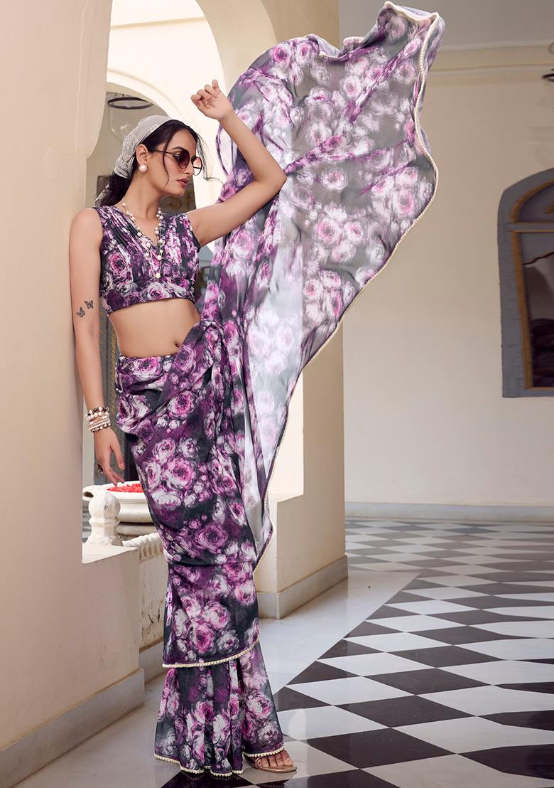 Grey Printed Poly Blend Saree Set