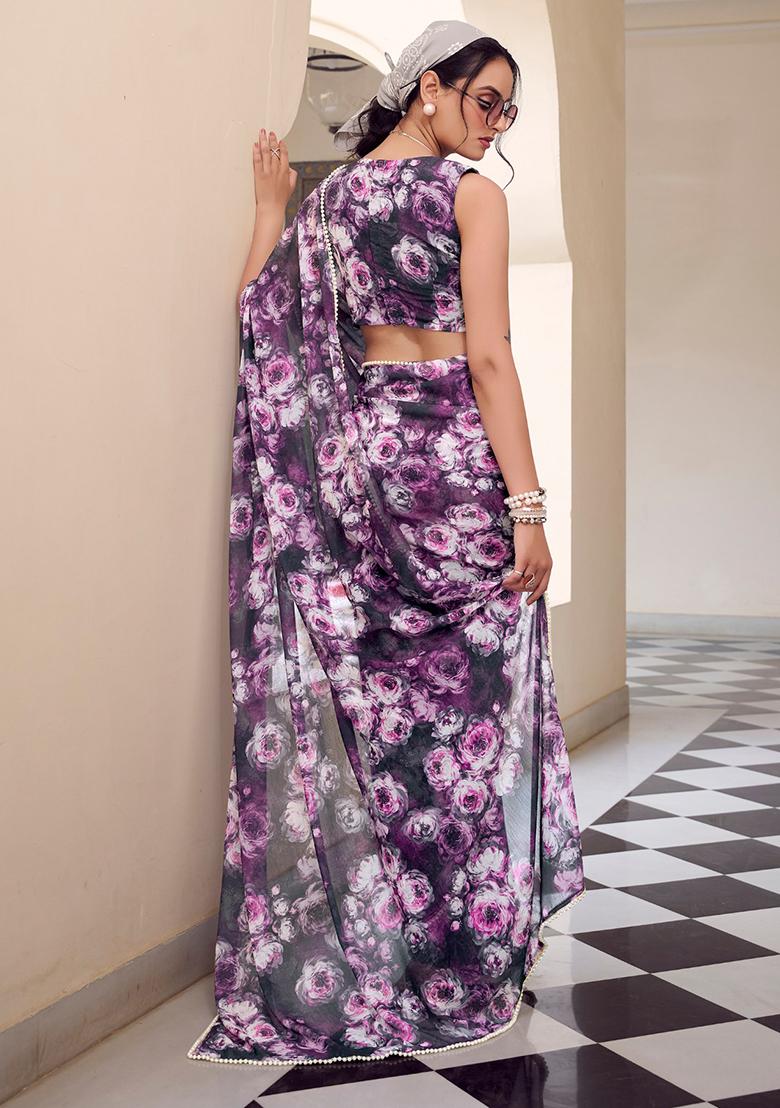Grey Printed Poly Blend Saree Set