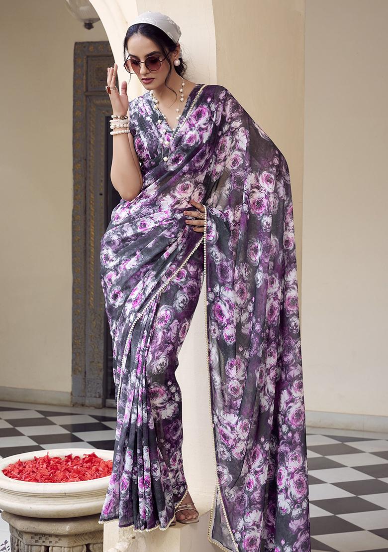Grey Printed Poly Blend Saree Set
