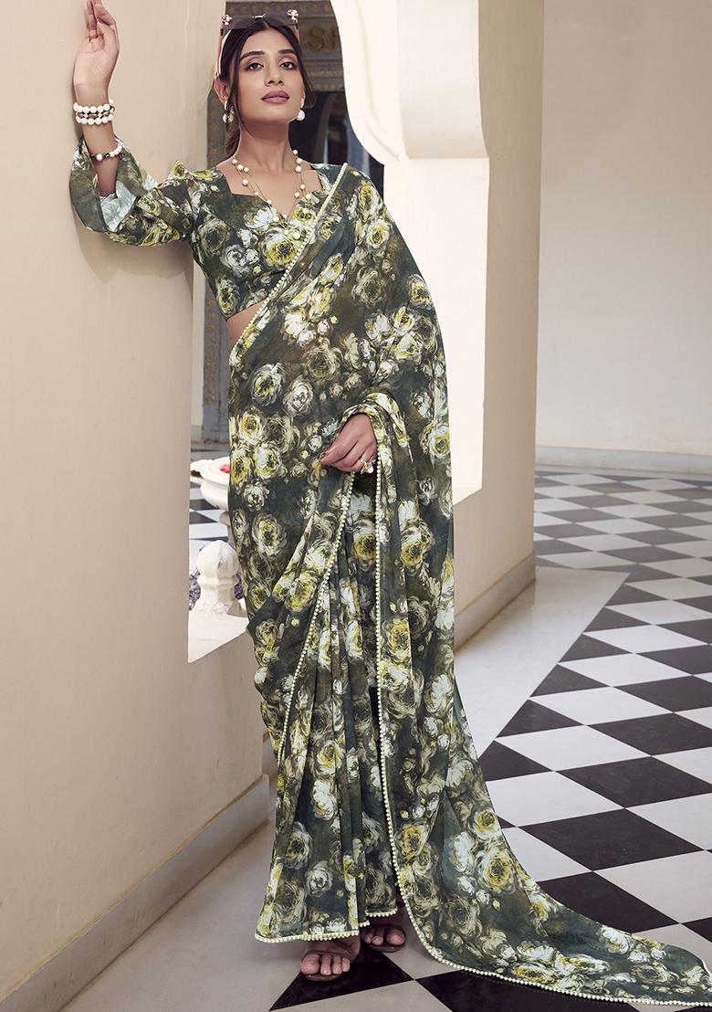 Mehendi Green Printed Poly Blend Saree Set