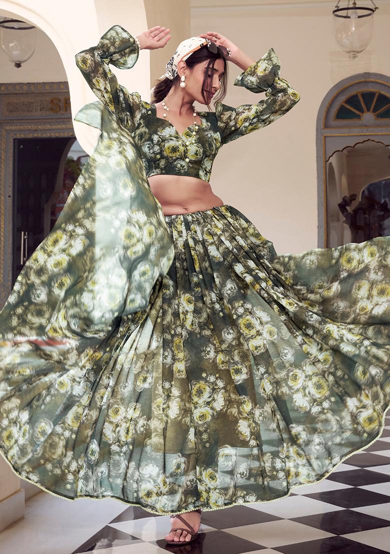 Mehendi Green Printed Poly Blend Saree Set