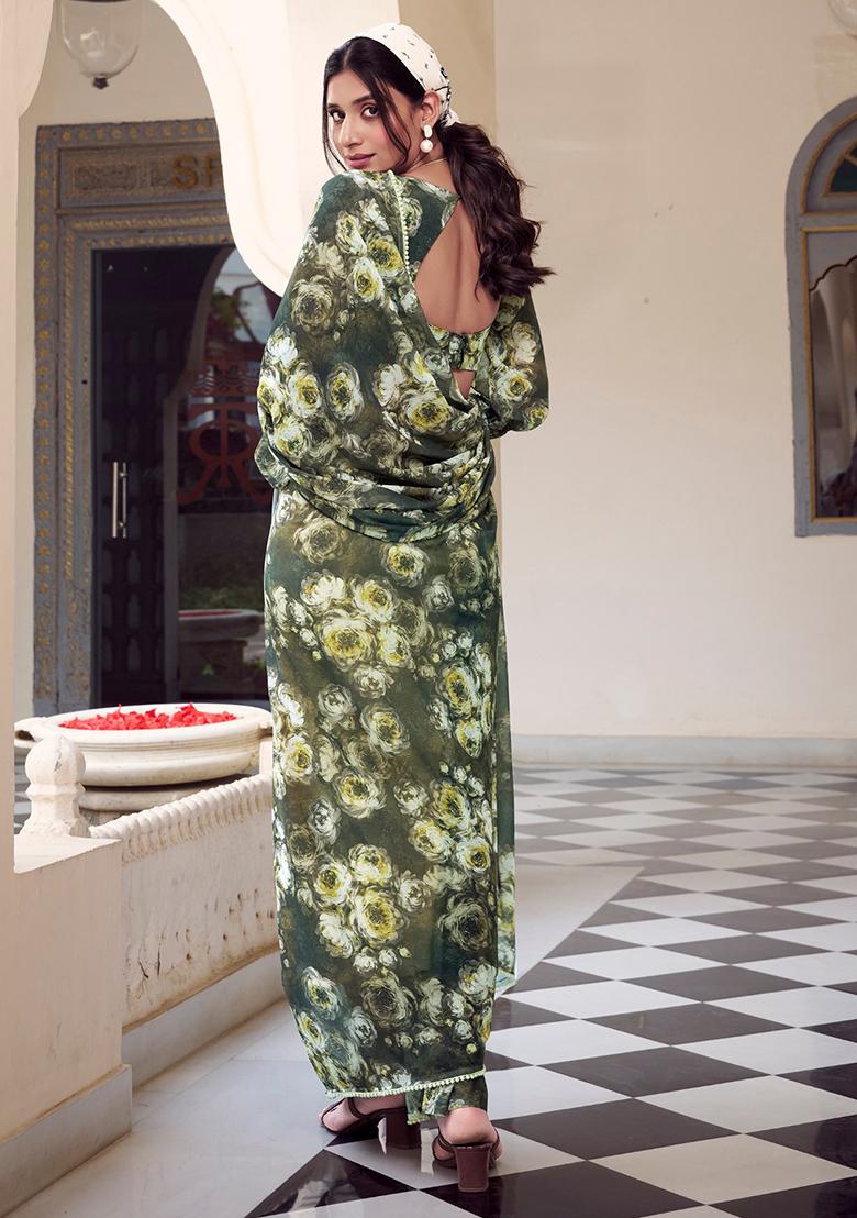 Mehendi Green Printed Poly Blend Saree Set