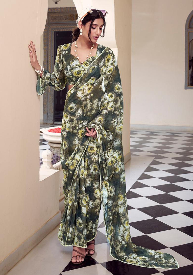 Mehendi Green Printed Poly Blend Saree Set