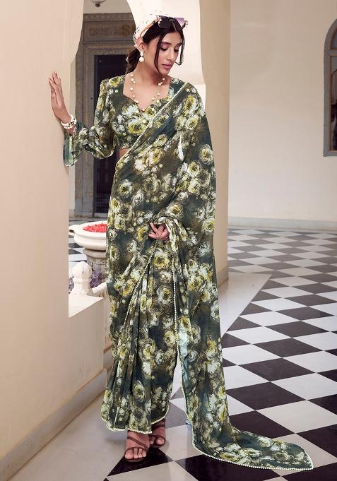 Mehendi Green Printed Poly Blend Saree Set