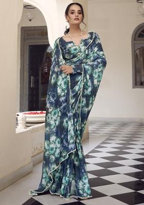 Navy Blue Printed Poly Blend Saree Set